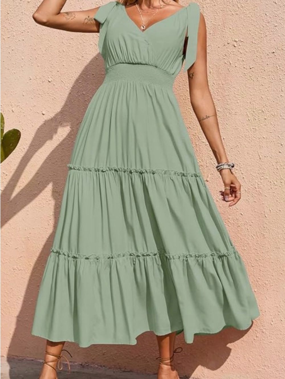 Women's Sage Green Tiered Maxi Dress with Smocked Waist